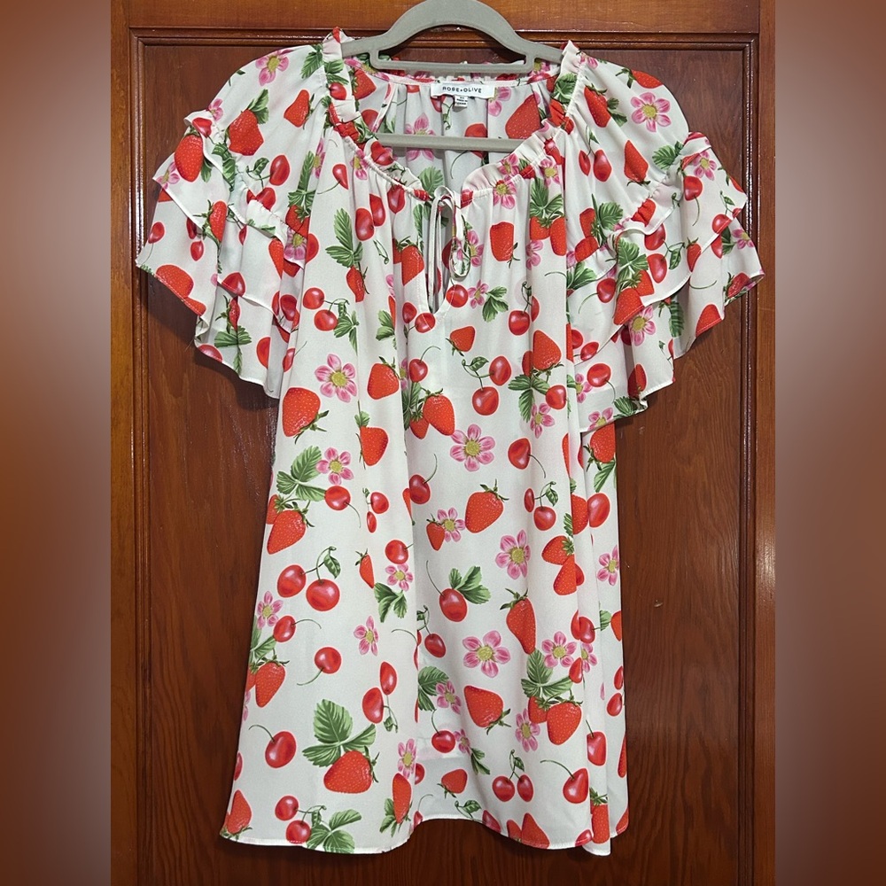 Rose & Olive Red and Green Fruit Print Blouse